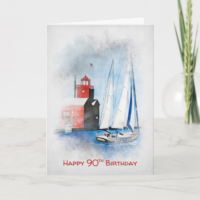 Red Lighthouse och Sailboat 90:e Birthday Kort (Framsida)