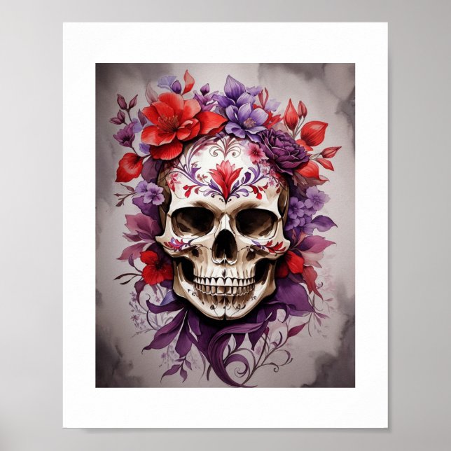 Red & Lila Blommigt Skull Halloween Wall Art Poster (Framsidan)