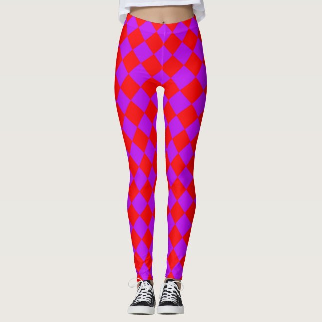 Red Lila Checker Diamond Mönster Leggings (Framsida)