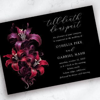 Red Lila Lilies Dramatic Moody Gothic Bröllop Inbjudningar