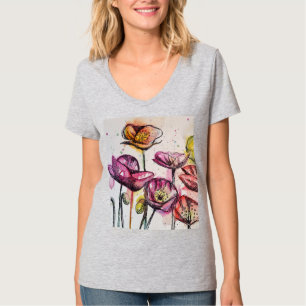 Red Lila Rosa Poppy blommigt Watercolor art T Shirt