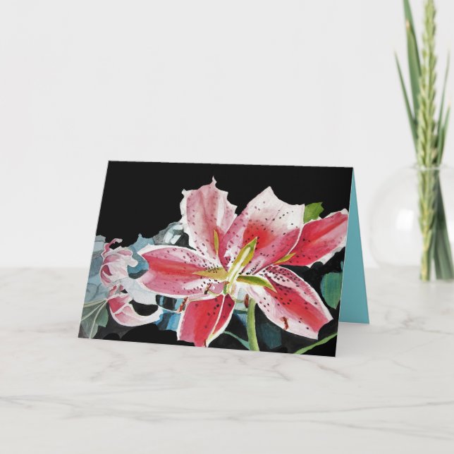 Red Lilies Lily blommigt Watercolor Birthday Card Kort (Framsida)