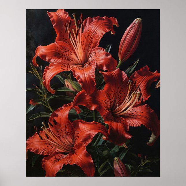 Red Lily Flowers Art Print Poster (Framsidan)
