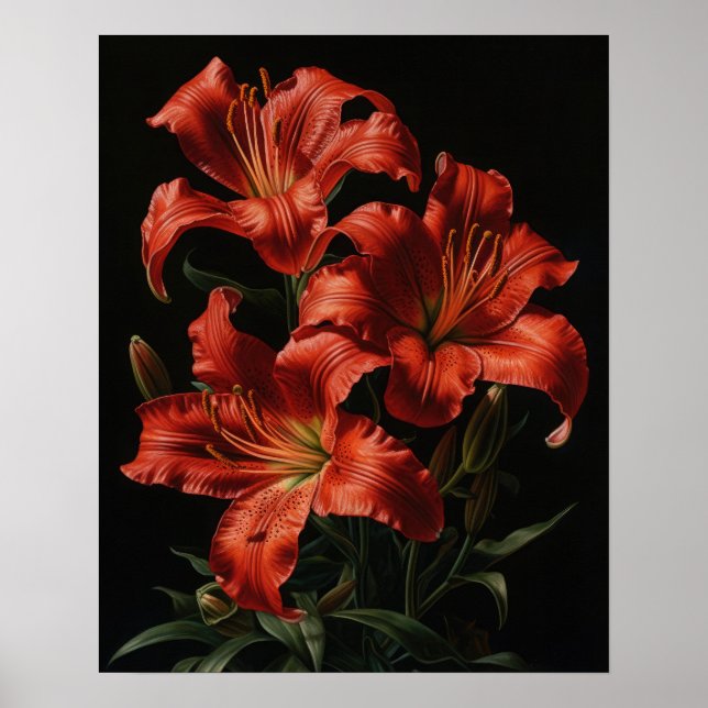 Red Lily Flowers Art Print Poster (Framsidan)