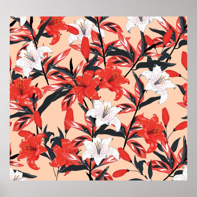 Red Lily: Vintage Botanical Mönster. Poster (Framsidan)