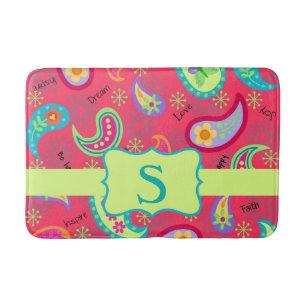 Red Lime Green Monogram Modern Paisley Mönster Badrumsmatta