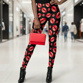 Red Lips Pattern Black Leggings