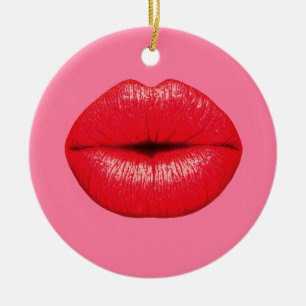 Red Lipstick big pop art läppar på rosa Julgransprydnad Keramik