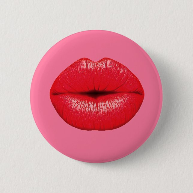 Red Lipstick big pop art läppar på rosa Knapp (Framsida)