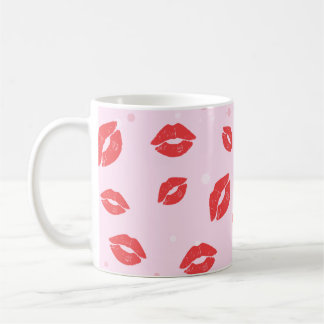 Red Lipstick Kisses on Rosa Background Mönster Kaffemugg