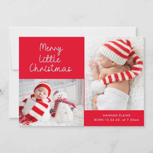 Red little christmas holiday birth announcement julkort (Framsida)