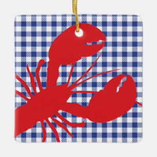 Red Lobster Blå Vit Gingham PLATS År Julgransprydnad Keramik