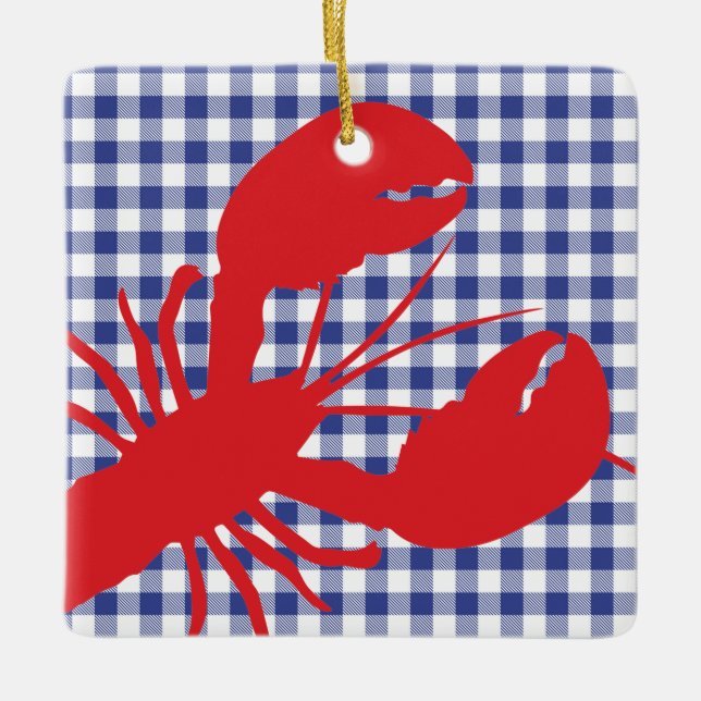 Red Lobster Blå Vit Gingham PLATS År Julgransprydnad Keramik (Framsida)