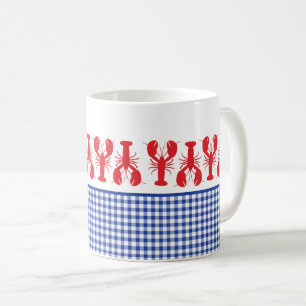 Red Lobster Blue White Gingham Coastal Roligt Kaffemugg