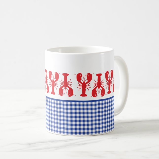 Red Lobster Blue White Gingham Coastal Roligt Kaffemugg (Framsida höger)