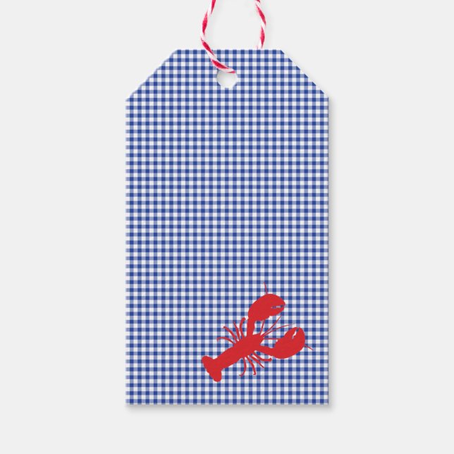 Red Lobster Blue White Gingham Designer Preppy Presentetikett (Framsidan)