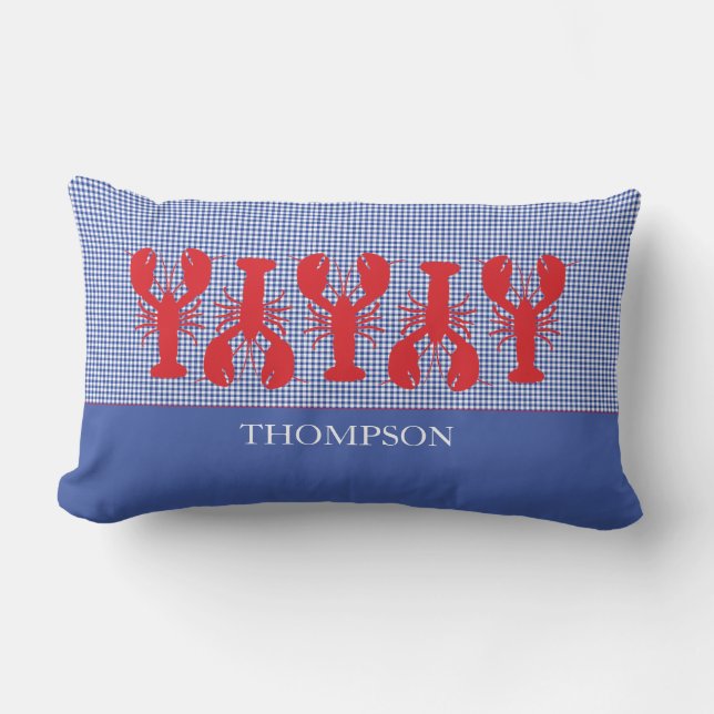 Red Lobsters Blue White Anpassningsbar Text Preppy Lumbarkudde (Framsida)