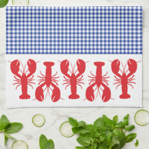 Red Lobsters Blue White Gingham Coastal Travel Kökshandduk