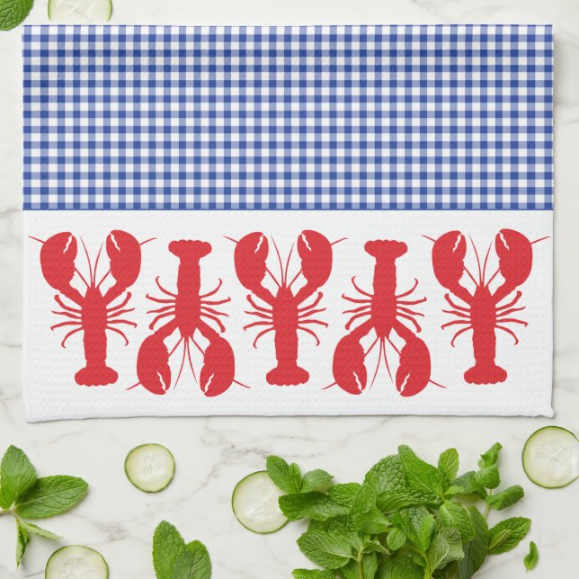 Red Lobsters Blue White Gingham Coastal Travel Kökshandduk (Vikta)