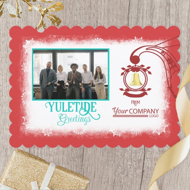 Red Logotyp, Guld Bell Company julfoto Julkort (red company logo company Christmas card with gold bell, company photo, turquoise script writing)