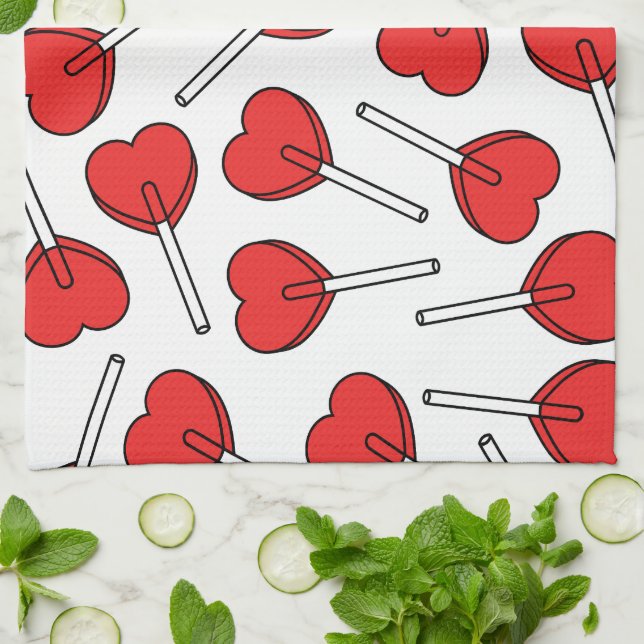 Red Lollipops, Heart Lollipops, Lollipop Pattern Kökshandduk (Vikta)