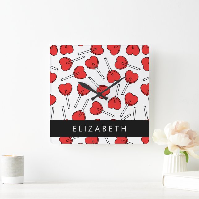 Red Lollipops, Heart Lollipops, Lolly, Your Name Fyrkantig Klocka (Hem)
