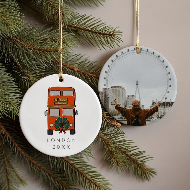 Red London Dubbla Decker Buss jul Photo Julgransprydnad Keramik (Red London Double Decker Bus Christmas Photo Ceramic Ornament)