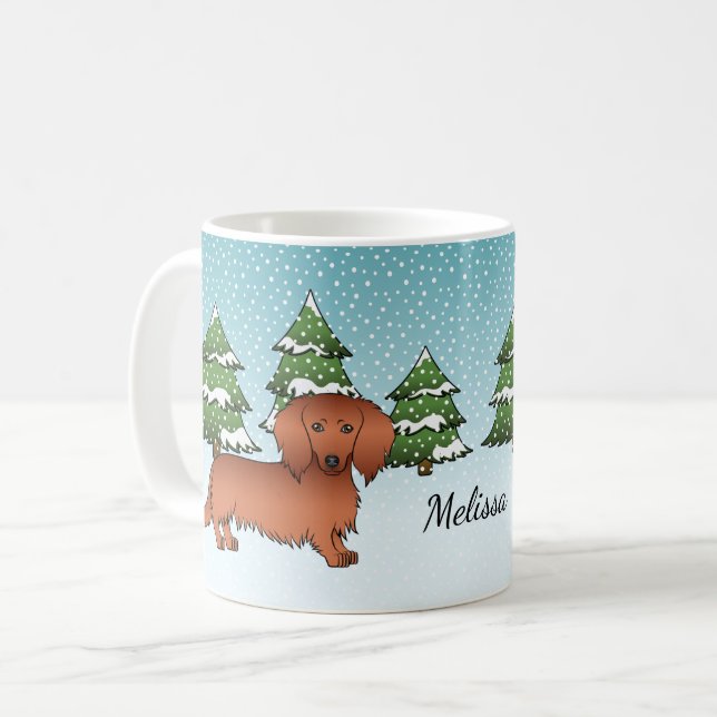 Red Long Hair Dachshund Cute Hund - vinterskog Kaffemugg (Framsida vänster)