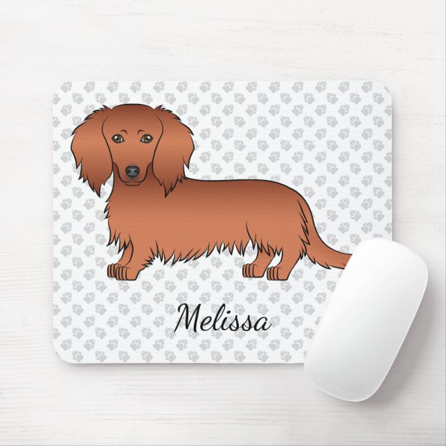 Red Long Hair Dachshund Cute Tecknad hund & Namn Musmatta (Med mus)