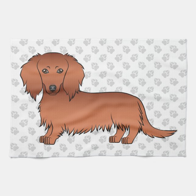 Red Long Hair Dachshund Cute Tecknad hund & Tass Kökshandduk (Horisontell)