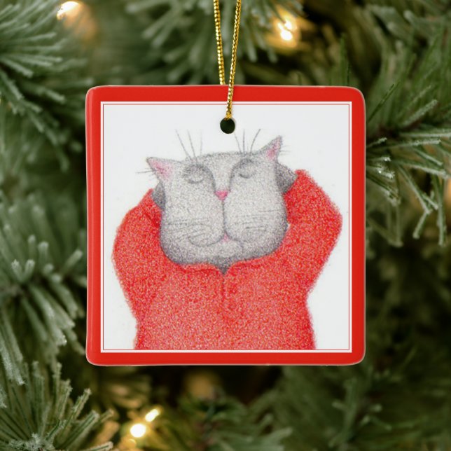 RED LONG JOHNS CAT Ceramic Square Ornament (Träd)