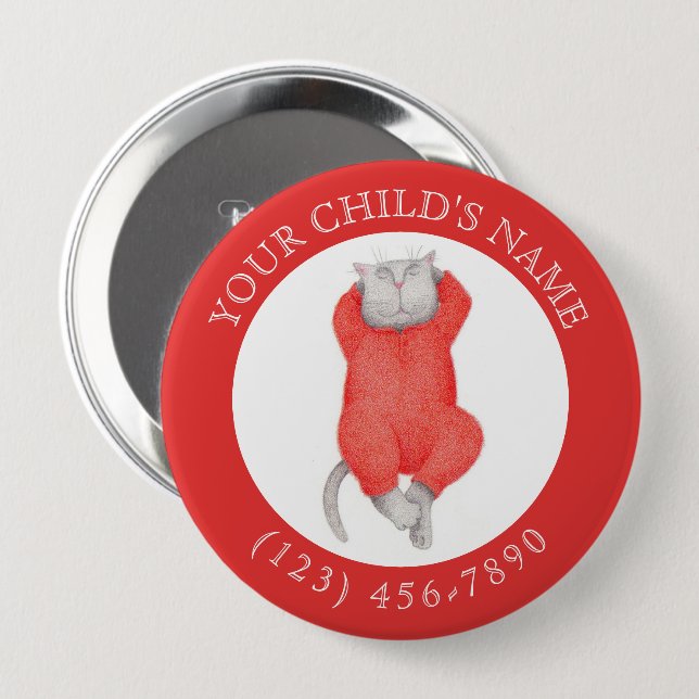 RED LONG JOHNS CAT Child ID Button - Red Knapp (Framsida & baksida)