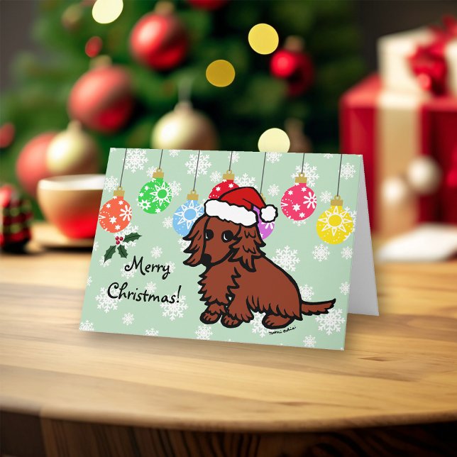 Red Long-parad Dachshund-julklapp Helgkort (Red Long Haired Dachshund Christmas Cards for Dachshund Owners.  Cute Cartoon Style.)