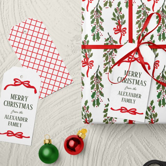 Red Looping Bows-Helgdag Presentetikett (green custom name text white Christmas holiday gift tags with illustrated red bows)