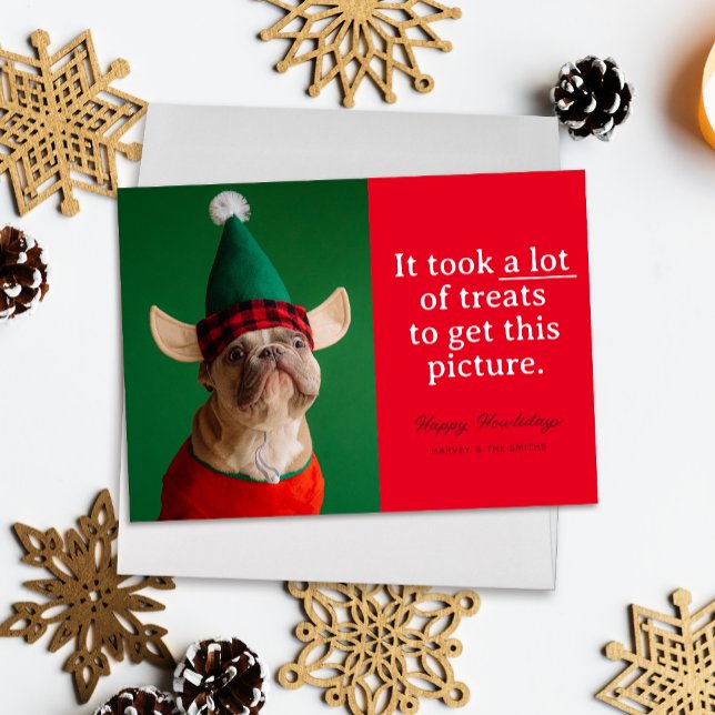 Red Lots Lycklig Howlidays Funny Pet Julkort ("It took a lot of treats to get this picture" funny holiday pet photo card, white text on red)