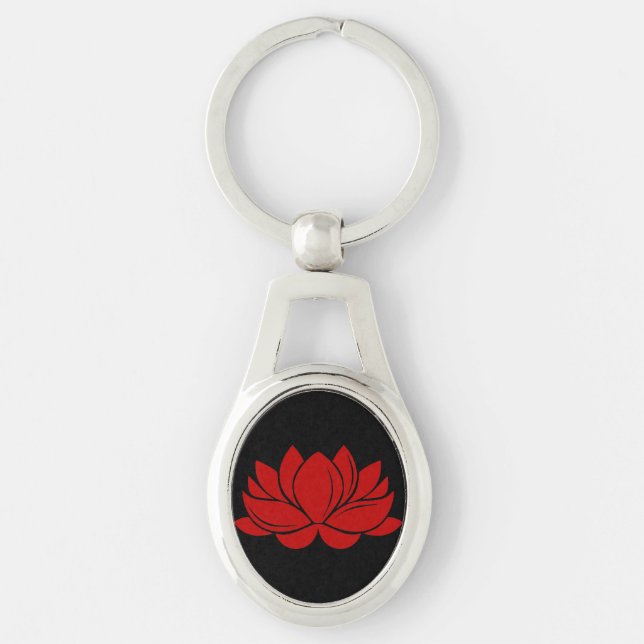 Red Lotus Blommar Ovalt Silverfärgad Nyckelring (Framsidan)