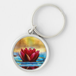 Red Lotus Vatten Lily Flower Rund Silverfärgad Nyckelring