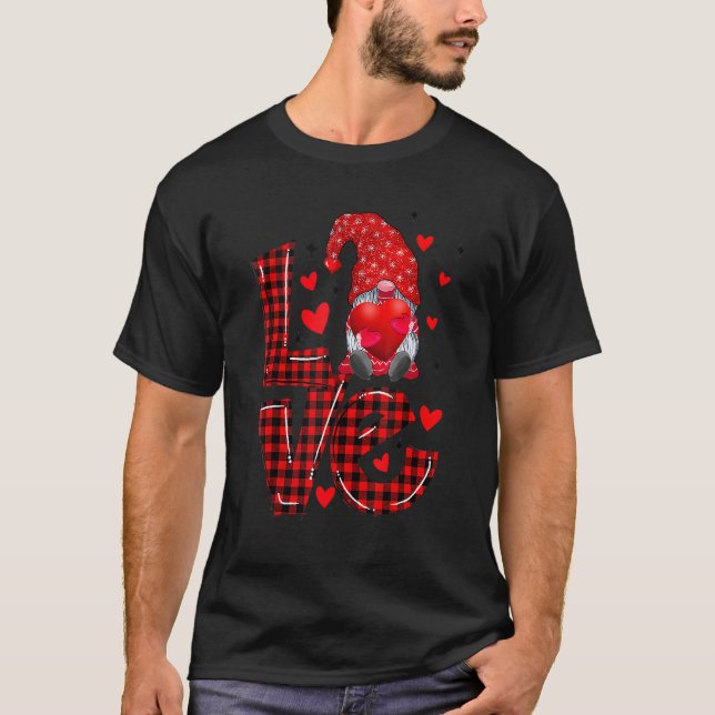 Red Love Plaid Cute Gnomes Heart Men Women Valenti T Shirt (Framsida)