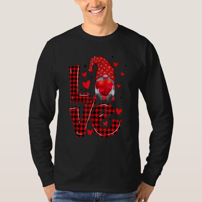 Red Love Plaid Cute Gnomes Heart Men Women Valenti T Shirt (Framsida)