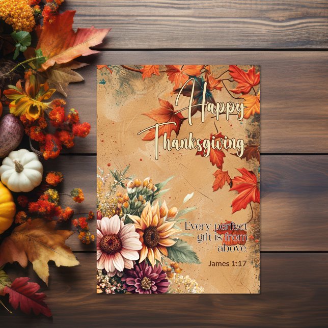 Red Lövs Flowers James 1:17 Happy thanksgiving Kort (Red leaves and flowers Bible verse Thanksgiving Card)