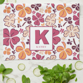 Red Lucky Shamrock Klöver Mönster Monogrammed Kökshandduk