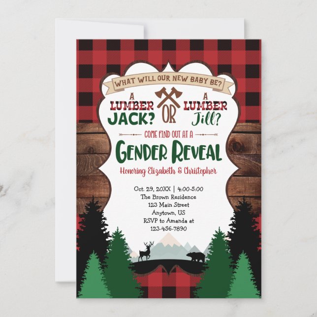 Red Lumberjack Gender Reveal Baby Shower Inbjudningar (Framsida)