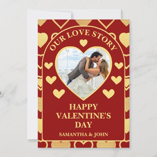 Red Luxury Antique Gold Hearts Valentine’s Photo Julkort (Framsida)