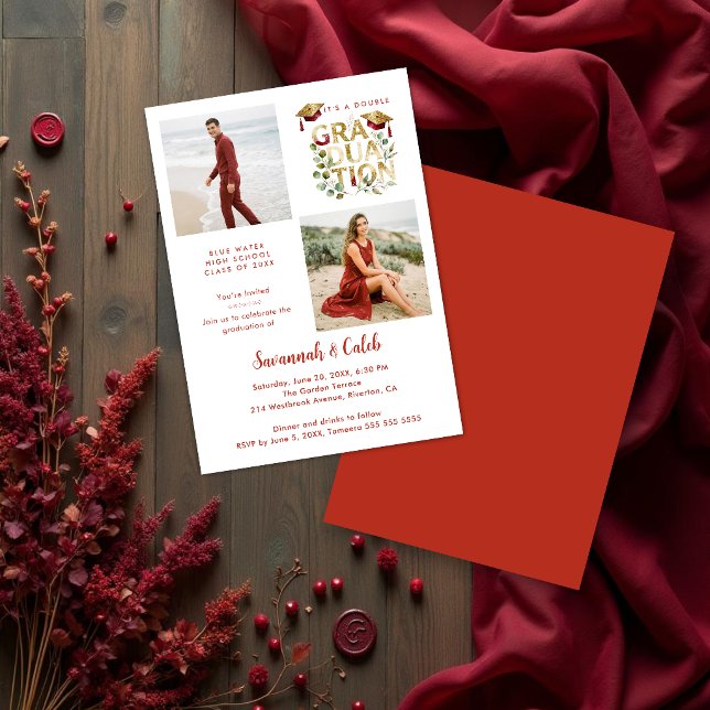Red Luxury Glitter Siblings Twins Grads TMF26 Inbjudningar (Luxury red and gold glitter faux effect siblings graduation invitation featuring double photos.)