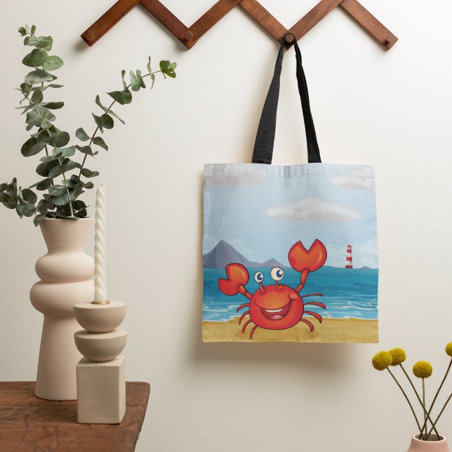 Red Lycklig Crab på en beach Tote Bag Tygkasse (Skapare uppladdad)