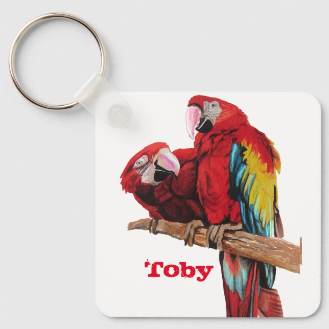 Red Macaw Parrot Parrots Watercolor Art Nyckelring (Framsida)