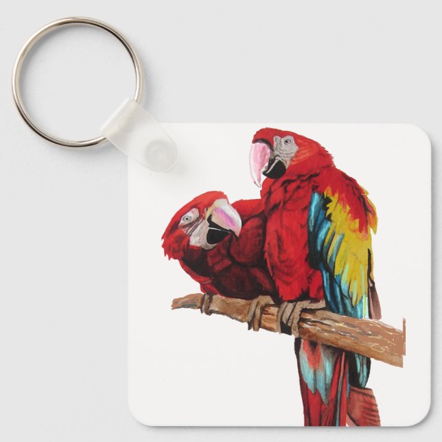 Red Macaw Parrot Parrots Watercolor Art Nyckelring (Framsida)