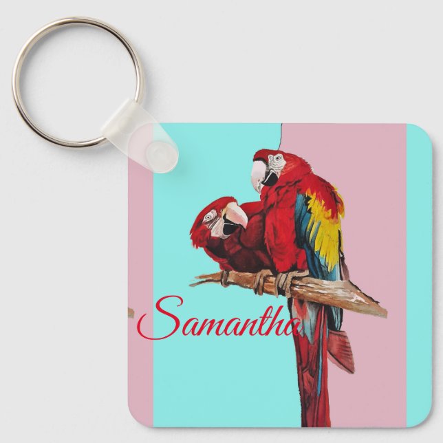 Red Macaw Parrot Watercolor Girls Namn Nyckelring (Framsida)