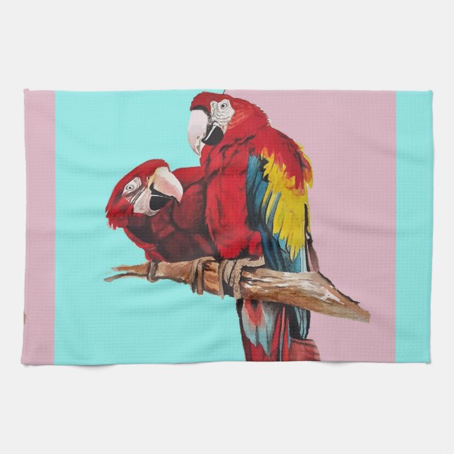 Red Macaw Parrots Watercolor Kitchen Aqua Rosa Kökshandduk (Horisontell)