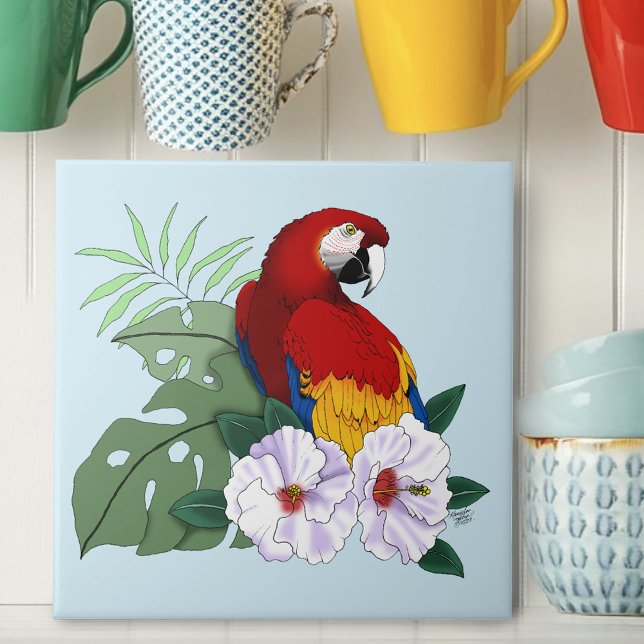 Red Macaw Tropical Bird Blommigt Parrot Kakelplatta (Skapare uppladdad)